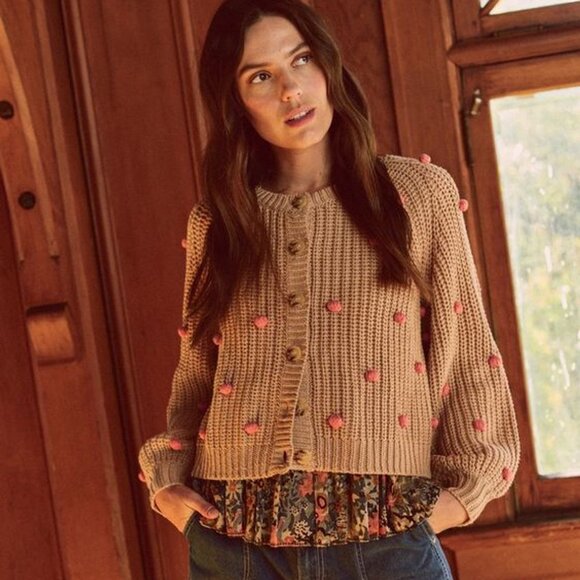 THE GREAT. Sweaters - NWT The Great. Bobble Fisherman Knit Cardigan in Sand and Berry Size 0